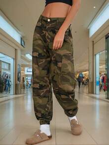 Damskie luźne spodnie w kamuflażu, niski stan, styl Y2K, personalizowane, z praktycznymi kieszeniami