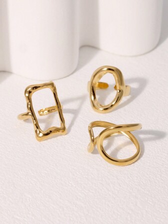 3pcs Set Fashionable Minimalist High-End Plated Stainless Steel Geometric Square & Oval Open Ring, Suitable For Women's Daily Wear & Parties