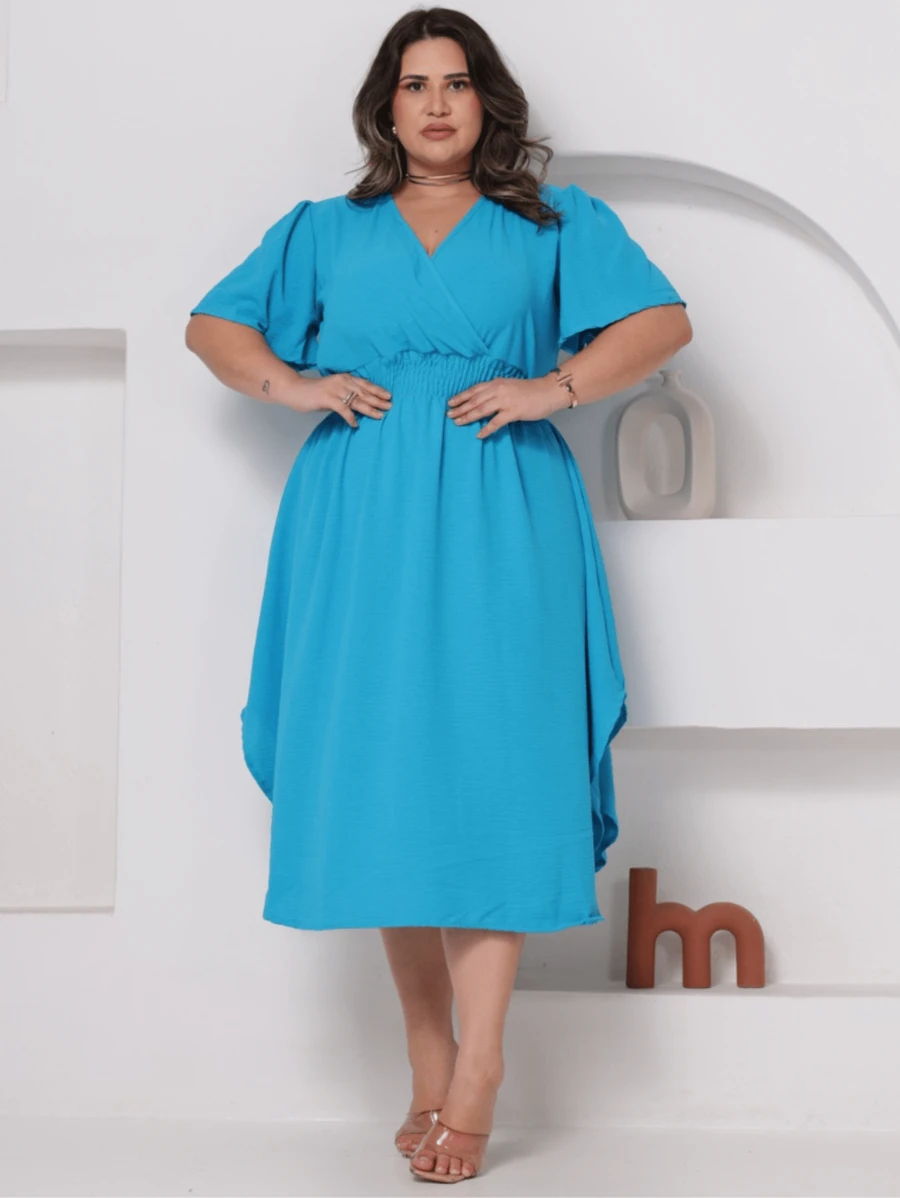 Women's Plus Size Midi Dress Wrapped Short Sleeve Duna Elegant Casual - 綠松石藍 - 查看 1