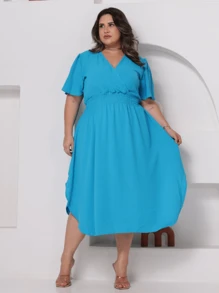 Women's Plus Size Midi Dress Wrapped Short Sleeve Duna Elegant Casual - 綠松石藍 - 查看 5