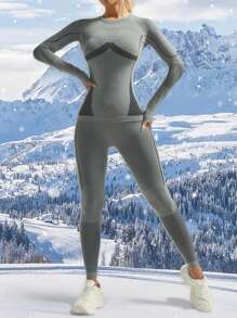 Conjunto de Roupas Esportivas de Manga Longa para Mulheres no Inverno, Ação de Graças, Roupas Quentes e Funcionais, Roupa Térmica Seamless Feminina para Esqui, Conjunto de Agasalho Feminino de Inverno, Conjuntos de Roupa Térmica de Lã Polar para Mulheres, Camadas de Base Top e Calça para Clima Frio
