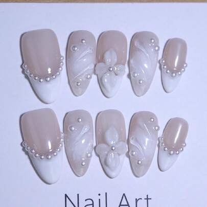3D Flower And Water Ripple Nail Decoration White And Nude Color French Manual Nails 100% Handmade Press On Nails Almond 10Pcs Fake Nail Tips Reusable Nail Art Design Nail Products For Women And Girls Nail Supplies Nails Handmade Press On Nails