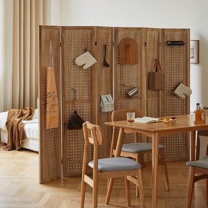 Wood Room Divider Panel, Pegboard Display With 24 Hook, 6 Panel Room Divider For Room Separation, 5.6Ft Folding Privacy Screen, Portable Freestanding Wall Organizer For Bedroom Reading Room