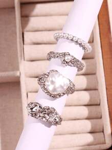 4 件套复古优雅金属银色几何珍珠戒指套装，适合女士、日常佩戴和节日礼物 - 彩色 - 查看 6