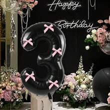 40 英寸粉色蝴蝶结装饰黑色数字 0-9 铝箔气球，粉色蝴蝶结装饰，适合生日派对、情人节、周年纪念、结婚求婚、圣诞节、新年装饰 - 黑色數字 - 查看 11