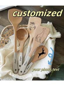 Customizable Wooden Kitchen Utensils, Personalized Kitchen Tools With Text Or Feather Motif, Suitable For Daily Use, Housewarming Gifts - Multicolor - View 1