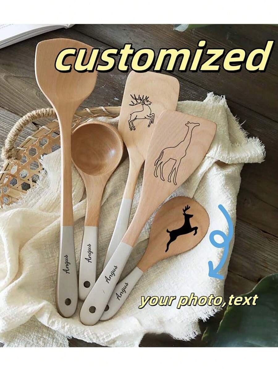 Customizable Wooden Kitchen Utensils, Personalized Kitchen Tools With Text Or Feather Motif, Suitable For Daily Use, Housewarming Gifts - Multicolor - View 1