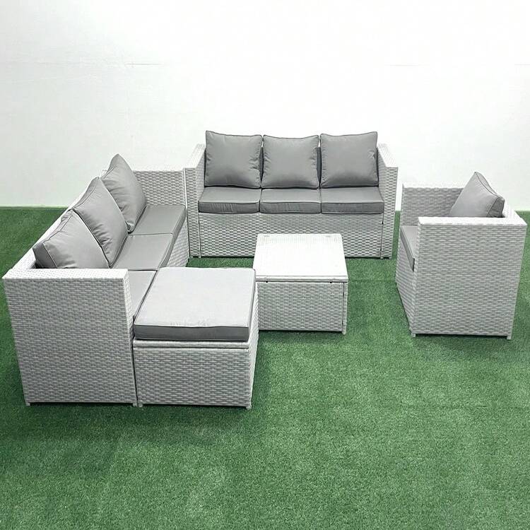Fimous Wicker PE Rattan Sofa Garden Furniture Set With Armchair Square Coffee Table Big Footstool Light Grey Mixed - 淺灰色 - 查看 1