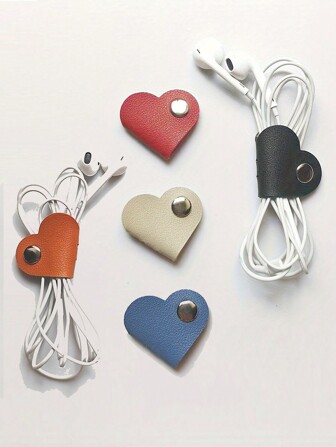 1pc/3pcs/6pcs Fashionable Simple Cartoon Mixed Color Leather Heart Shaped Cable Organizer, Earphone Cord, Charger Cable, Data Cable, Computer Cable, Power Cord Winder, Fastener Strap Tie, Household, Office, Dorm Essential