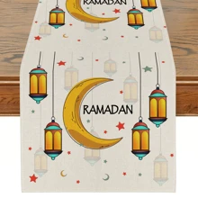 1 件卡通月亮和星星灯笼图案桌旗，可爱的亚麻风格餐桌布装饰，适合斋月、餐厅、户外餐厅、厨房、伊斯兰家庭