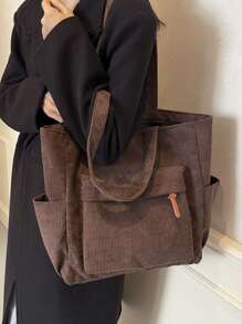 女士时尚纯色多口袋手提包，大容量休闲户外度假旅行单肩包，轻便多功能购物杂货收纳手提包，简单的日常通勤斜挎包，适合上学和工作使用 - 咖啡棕 - 查看 4