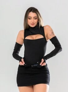 Bory Women's Bodysuit With Gloves High Neckline Gringa Fashion Suplex Leotard - 黑色 - 查看 3