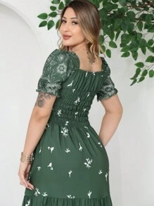 Women's Long Dress With Short Sleeves And Print - Army Green - View 3