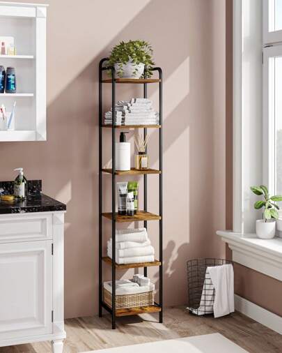 HaluPeit Bücherregal, Regal, Standregal, Schmales Bücherregal, Industrielles Eckregal, Schlankes Regal für Heimbüro, Wohnzimmer, Schlafzimmer, Küche, 6 Ebenen