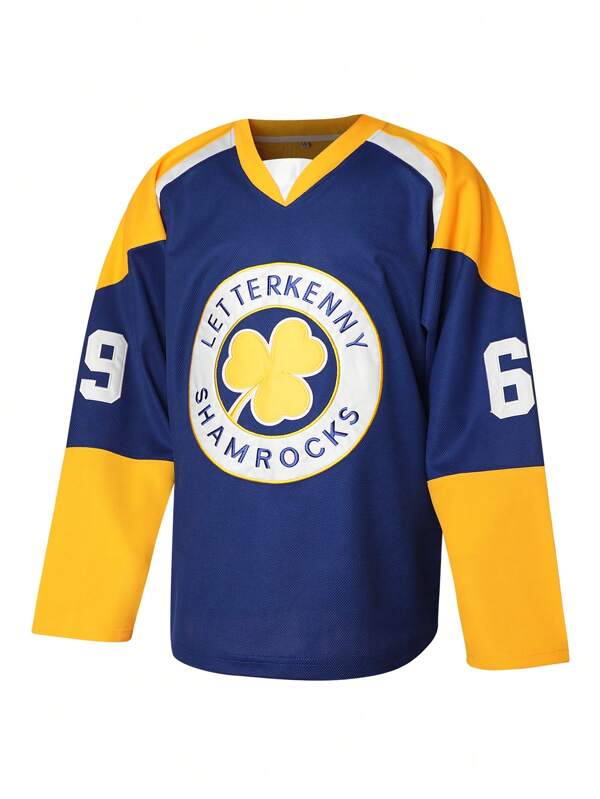 Maglia da hockey su ghiaccio da uomo stile boyfriend, scollo a V, ricamo, maniche lunghe, uniforme #69