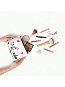 1 st hjärtmönster, anpassningsbar sminkväska med namn, kan användas som sminkväska, necessär, kuvertväska, pennfodral, perfekt present till tjejer, lätt och hopfällbar, mångsidig användning - Vitt - Visa 5