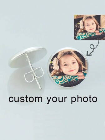 1 par anpassade fotoörhängen – runda örhängen i glas, fashionabla örhängen i rostfritt stål, örhängen med logotyp för flickor med unika mönster, skräddarsydda smyckengåvor Tillbaka till skolan Vinterpresentidéer Pojke Flicka Alla hjärtans dag