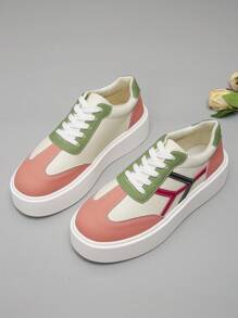 Giày thể thao đế dày buộc dây màu hồng, màu trắng, thời trang xuân/thu cỡ lớn cho nữ, giày thể thao bền, chống trượt, thoải mái - Trắng và hồng da - Xem 6