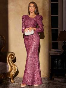 UNITHORSE 露肩泡泡袖褶饰腰部亮片派对礼服，优雅正式晚会舞会礼服，适合婚礼宾客、毕业典礼、晚宴、新娘礼服、生日女士服装、毕业礼服、礼服 - 中紫紅色 - 查看 1