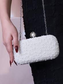 珍珠装饰手拿包，优雅高端手提包，适合订婚派对、旗袍礼服、优雅女士晚宴 - 銀色 - 查看 9