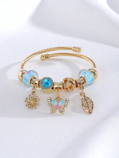 1 pièce Bracelet en acier inoxydable avec breloques holographiques papillon, feuille, marguerite, perles DIY, cadeau de mode pour la Saint-Valentin, convient pour les fêtes, les festivals, style doré et luxueux. Convient pour la Saint-Valentin, maman, mère, fête des mères, cadeau