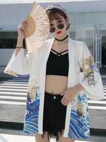 休闲度假旅行防晒宽松罩衫外套改良和服男女通用轻便外套日式美学鹤印花舞台表演制服披肩 - 白色 - 查看 4