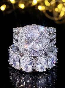 2pcs/Set Women's Ring Set, White Cubic Zirconia Ring, Elegant Wedding Accessory, Eternal Jewelry - Ring Set - View 5