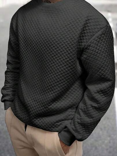 Waffle Knit Casual Plus Size Men's Crew Neck Long Sleeve Sweatshirt, For Fall