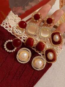 6pcs/Set Vintage Red Cat Eye Faux Pearl Wrap Earrings, Luxury Niche Design, High-End Festive Christmas, Minimalist Versatile Personalized Earring Set Suitable For Women's Daily & Holiday Wear