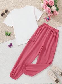 Tween Girls' Cartoon Print Short Sleeve T-Shirt And Cargo Pants Set