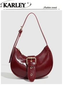 Fashionable Women Burgundy Color Shoulder Bag, Vintage Simple Handbag, Crescent Saddle Bag, Leopard Print Mini Handbag, Adjustable Strap, Glossy Oilcloth Shoulder Bag, Christmas Gift Bag, Fashionable Burgundy Bag , Old Money , Burgundy Bag - Burgundy - View 1