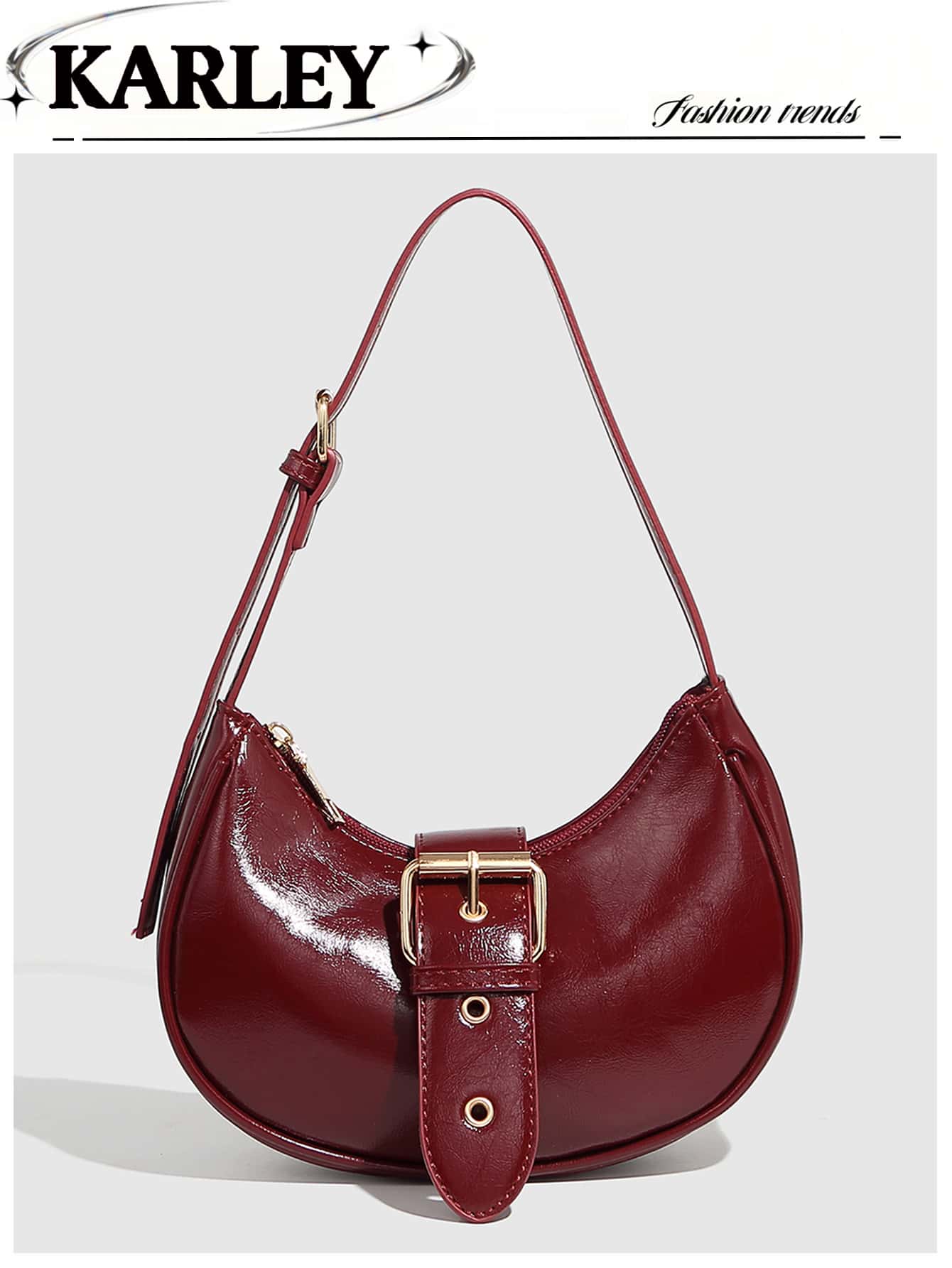 Fashionable Women Burgundy Color Shoulder Bag, Vintage Simple Handbag, Crescent Saddle Bag, Leopard Print Mini Handbag, Adjustable Strap, Glossy Oilcloth Shoulder Bag, Christmas Gift Bag, Fashionable Burgundy Bag