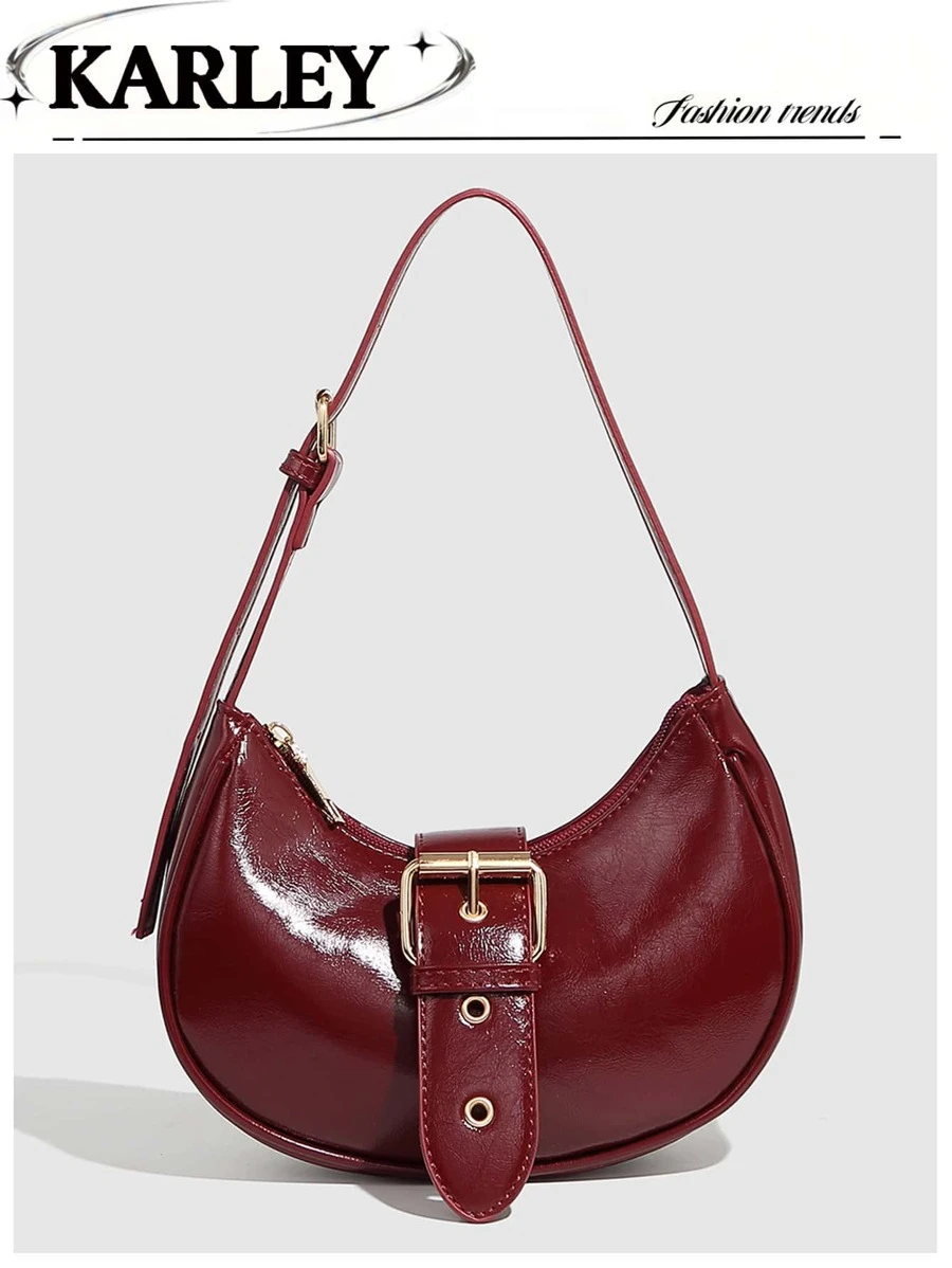 Fashionable Women Burgundy Color Shoulder Bag, Vintage Simple Handbag, Crescent Saddle Bag, Leopard Print Mini Handbag, Adjustable Strap, Glossy Oilcloth Shoulder Bag, Christmas Gift Bag, Fashionable Burgundy Bag , Old Money , Burgundy Bag - Burgundy - View 1