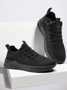 女士简约风格运动路跑鞋舒适步行健身鞋网眼透气运动鞋户外健身鞋系带运动鞋黑色 - 黑色 - 查看 1