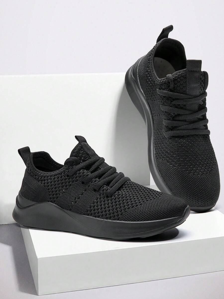 女士简约风格运动路跑鞋舒适步行健身鞋网眼透气运动鞋户外健身鞋系带运动鞋黑色 - 黑色 - 查看 1