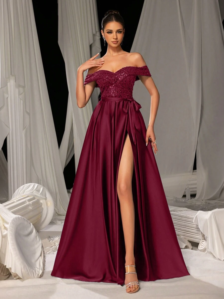 Faeriesty 优雅闪亮亮片缎面晚礼服，侧开衩设计 | 奢华盛典造型，适合婚礼、派对或高端活动，派对礼服，婚礼宾客礼服，正式礼服，晚礼服