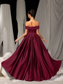 Faeriesty 优雅闪亮亮片缎面晚礼服，侧开衩设计 | 奢华盛典造型，适合婚礼、派对或高端活动，派对礼服，婚礼宾客礼服，正式礼服，晚礼服 - 酒紅色 - 查看 3