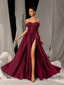 Faeriesty 优雅闪亮亮片缎面晚礼服，侧开衩设计 | 奢华盛典造型，适合婚礼、派对或高端活动，派对礼服，婚礼宾客礼服，正式礼服，晚礼服 - 酒紅色 - 查看 4