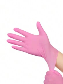 100 只一次性粉色丁腈手套，防水、无粉、无乳胶、多用途工作手套，适用于烹饪、厨房、浴室、家居、纹身、染发、宠物清洁、家居用途 - 粉色 - 查看 3