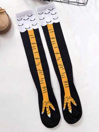 1 Çift Erkek Komik Tavuk Pençesi Desenli Diz Üstü Çorap, Sonbahar