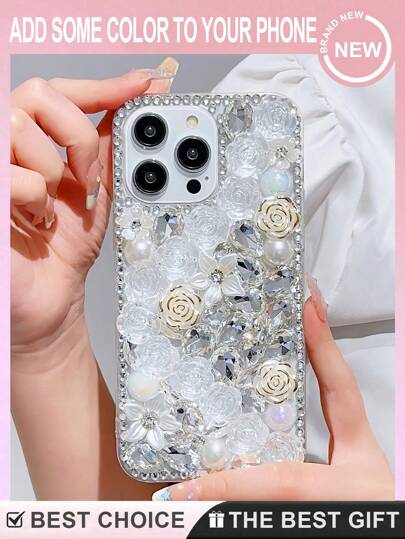 Rose Flower White Crystal Rhinestone Protective Case Compatible With Apple 15 Pro Max, 15 Pro, 15 Plus, 15, 14 Pro Max, 14 Pro, 14 Plus, 14, 13 Pro Max, 13 Pro, 13, 12 Pro Max, 12 Pro, 12, 11 Pro Max, 11, XS Max, XS, XR, 7 Plus, 8 Plus, 7G; And Galaxy S23, S23+, S23 Ultra, S24, S24+, S24 Ultra 5G, S25, S25+, S25 Ultra 5G, S25 Edge Waterproof Shockproof Anti-Fall Scratch Resistant