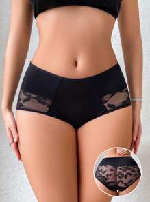 女士黑色花朵蕾丝浪漫低腰透气弹力舒适三角裤 - 黑色 - 查看 1