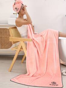 Pink Embroidered Enlarged Bath Towel and Cap (2 Pieces)