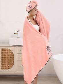 2pcs/Set Large 90*180cm Soft And Absorbent Bath Towel + 25*65cm Bath Cap For Women Home Bathroom Decor Fall Decor Back To School For Beauty Salon Home Bathroom Shower Towels For Beauty Salon, Hotel Sports,Home Essentials, Towel, Skin Care Bath Towel Sheet - Pink Embroidered Enlarged Bath Towel and Cap (2 Pieces) - View 2