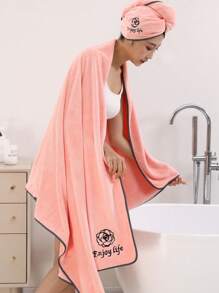 2pcs/Set Large 90*180cm Soft And Absorbent Bath Towel + 25*65cm Bath Cap For Women Home Bathroom Decor Fall Decor Back To School For Beauty Salon Home Bathroom Shower Towels For Beauty Salon, Hotel Sports,Home Essentials, Towel, Skin Care Bath Towel Sheet - Pink Embroidered Enlarged Bath Towel and Cap (2 Pieces) - View 7