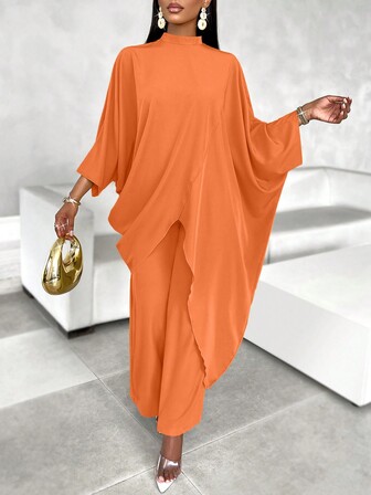 Women Stand Collar Long Sleeve Solid Color Top And Pants Casual Set