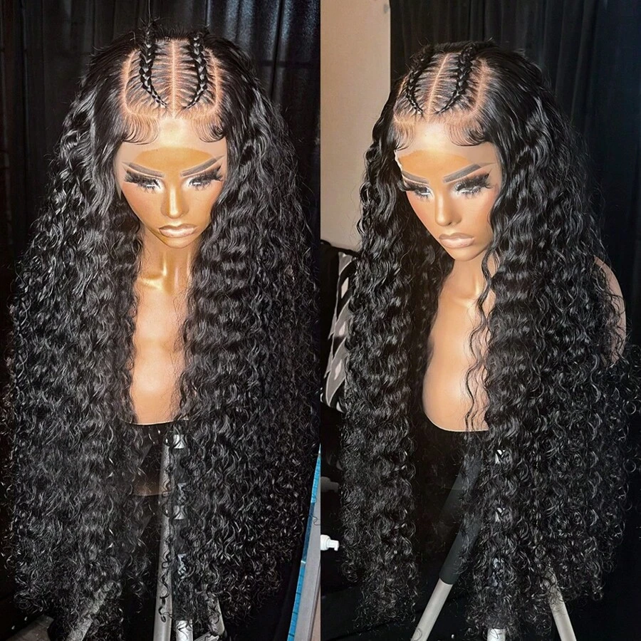 bling hair 180% Deep Wave Frontal Wig 13x6 HD Lace 34inches Deep Water Wave Wig Human Hair Brazilian Human Hair Wigs Swiss Lace For Women Natural Black Color - Natural Black - Xem 1
