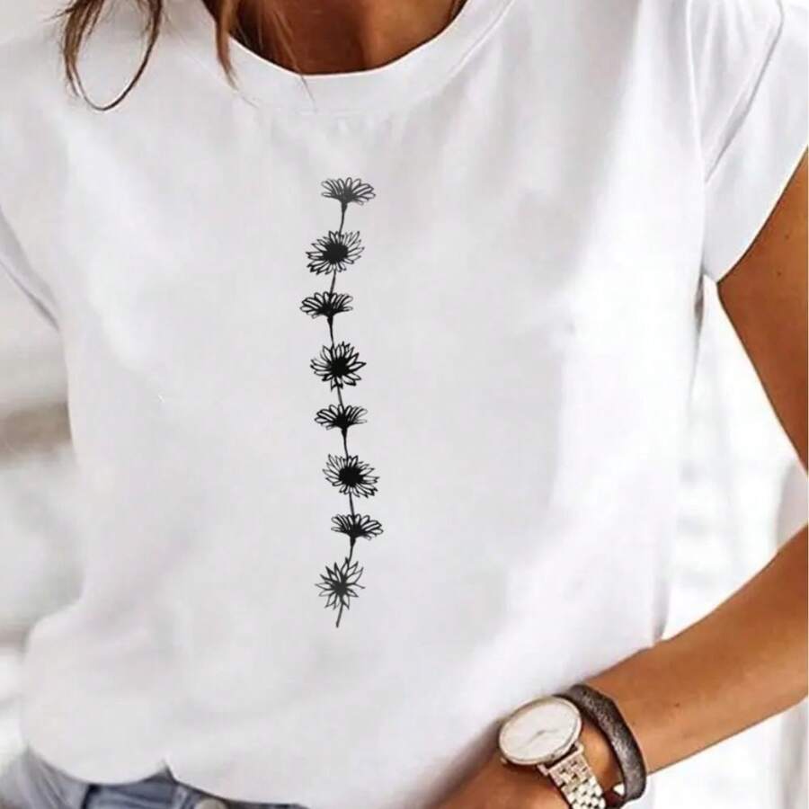 Floral Printed Blouse T-Shirt, Spring And Summer, Women's Clothing Aesthetic 100% Cotton Floral Printed T-Shirt - 白色 - 查看 1