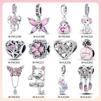 1 件 S925 镀银粉色系列闪亮花朵蝴蝶吊坠生命树心形串珠完美原创手链 DIY 珠宝制作礼物送给女士