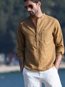 NITAGUT 男士休闲透气长袖衬衫，秋季 - 卡其色 - 查看 5